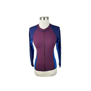Helen Jon NEW Blue Burgundy Colorblock Full Zip Swim Rash Guard Long Sleeve S